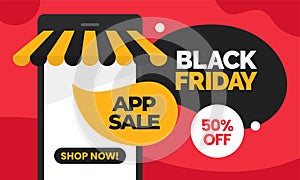 Black friday app sale simple web banner promotion template design with smartphone vector illustration