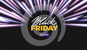 Black Friday Background with Anime Style Neon Thunderbolt. Vector Sale Bg with Light Shiny Effects