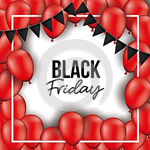 Black friday background with black festoons and red balloons in white backdrop