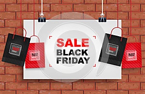 Black Friday background with red brick wall. Shopping promotion template for sale, discount, special offer, product marketing and