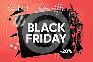 Black Friday banner. Discount and sale label. Abstract explosion shape with black particles. Bang futuristic design