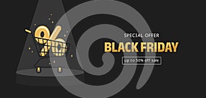 Black friday banner. Golden percent sign in shopping cart on a pedestal under the spotlight and text on a black background