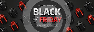 Black Friday banner with realistic black gift boxes. Vector illustration