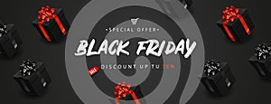 Black Friday banner with realistic black gift boxes. Vector illustration