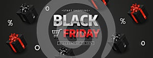 Black Friday banner with realistic black gift boxes. Vector illustration