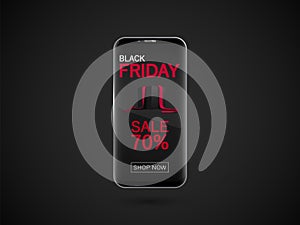 Black Friday banner. Realistic black smartphone isolated on dark background. Vector