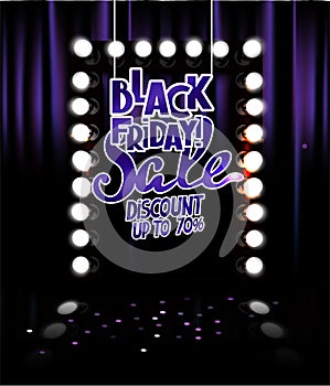 BLACK FRIDAY BANNER WITH THEATER CURTAINS AND VINTAGE LIGHT FRAME.