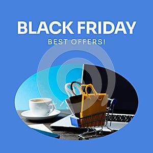 Black friday, best offers text with shopping nags in trolley and laptop on blue background