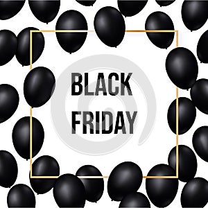 Black Friday Big sale concept, shiny black balloons flyer with white square frame banner creative template on white