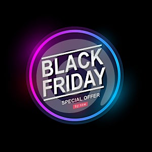 Black Friday, Big Sale, Neon light, signboard with discounts from gas tubes of blue glow, creative template on flat