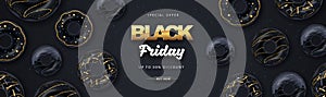 Black friday big sale poster with black sweet donuts on dark background