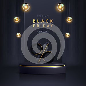 Black friday big sale showcase background with 3d podium and electirc lamps.