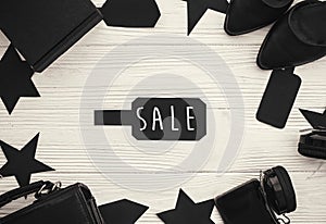 Black Friday big sale text on price tag sign, minimalistic flat