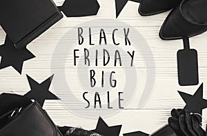 Black Friday big sale text sign, minimalistic flat lay. Special