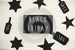 Black Friday big sale text sign, minimalistic flat lay. Special