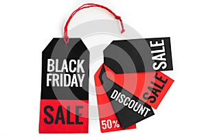 Black friday. black and red sale tag on white background