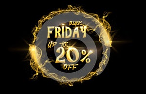 Black Friday border 20% off. Golden tail with gold particles and smoke. Circle frame with space for text. Sparkling golden frame