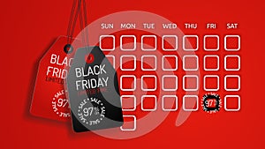 Black Friday on the calendar is highlighted in black. Labels with big discounts on the day of sale. Red background