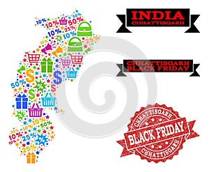 Black Friday Collage of Mosaic Map of Chhattisgarh State and Distress Stamp