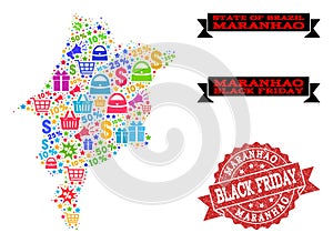 Black Friday Collage of Mosaic Map of Maranhao State and Textured Stamp