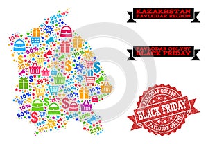 Black Friday Composition of Mosaic Map of Pavlodar Region and Distress Seal photo