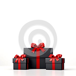 Black Friday concept. Black gift boxes with red ribbon bow on white background