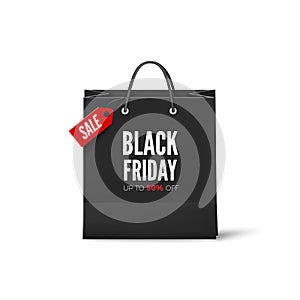 Black Friday concept. Black paper bag with tag Sale and text. Black friday banner template. Vector illustration