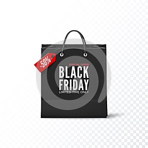 Black Friday concept. Black paper bag with tag Sale and text. Black friday banner template. Vector