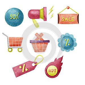 Black Friday concept. Set of watercolor sale and price tag, label, shopping cart, megaphone on white background