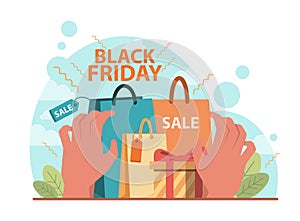 Black friday concept. Shopping cart and bags with goods and presents.