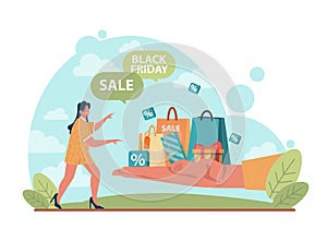 Black friday concept. Shopping cart and bags with goods and presents.