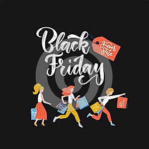 Black Friday crowd of women running to the store on sale. Flat vector illustration. Lettering text with red tag on dark background
