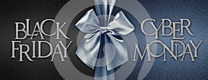 Black friday cyber monday gift card with shiny blue ribbon bow isolated on glittering black background template with written text