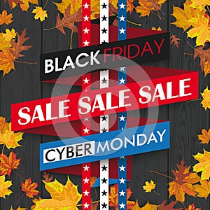 Black Friday Cyber Monday Ribbon Autumn Foliage Black Wood