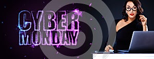 Black friday and cyber monday sale concept for shop. Woman with computer isolated on dark background. Template for