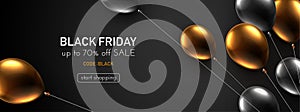 Black friday dark background with black and golden balloons