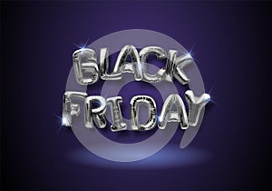 Black friday dark background with silver foil balloons. Web site template design. Online shopping. Vector illustration.