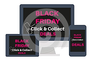 Black Friday Deals Click and Collect internet shopping concept on desktop and mobile devices