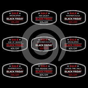 Black Friday discount and sale banner or stamp set. 10,20,30,40,50,60,70,80,90 percent price off templates. Special offer, tag.