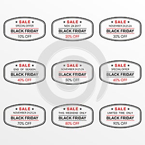 Black Friday discount and sale banner or stamp set. 10,20,30,40,50,60,70,80,90 percent price off templates. Special offer, tag