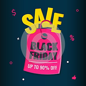 Black Friday event sale modern banner with pink tag on dark background. Advertising campaign concept.