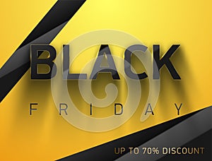 Black Friday expressive vector banner. Glossy black volume text thin golden frame on yellow background. Glass effect reflection