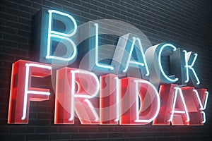 Black Friday - Friday with a big sale. Sales, joy, success. Blue and Red Glow Neon banner, discounts. 3D illustration