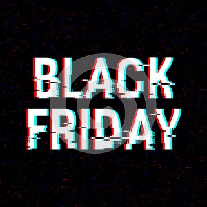 Black Friday glitch text. Anaglyph 3D effect. Technological retro background. Online shopping concept. Sale, e-commerce