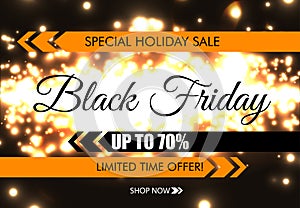 Black Friday glow sparkling web banner. Black text on dark luminous night background. Special holiday sale. Up to 70 percent