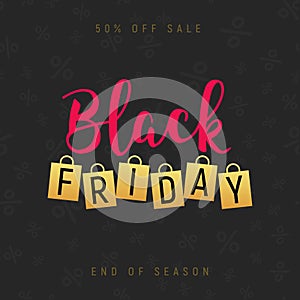 Black friday gold lettering handmade banner discount sale. Black friday label promo poster with shopping bag