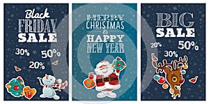 Black Friday Holiday sale posters with cute cartoon characters and lettering