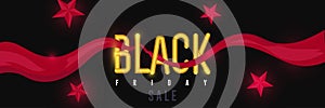 Black Friday horizontal banner with golden text and red ribbon sale poster design vector illustration.