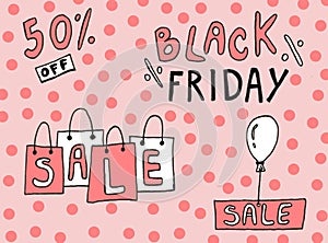 Black Friday illustration. Sale handmade lettering, calligraphy with film grain, noise, dotwork, grunge texture and pink