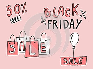 Black Friday illustration. Sale handmade lettering, calligraphy with film grain, noise, dotwork, grunge texture and pink